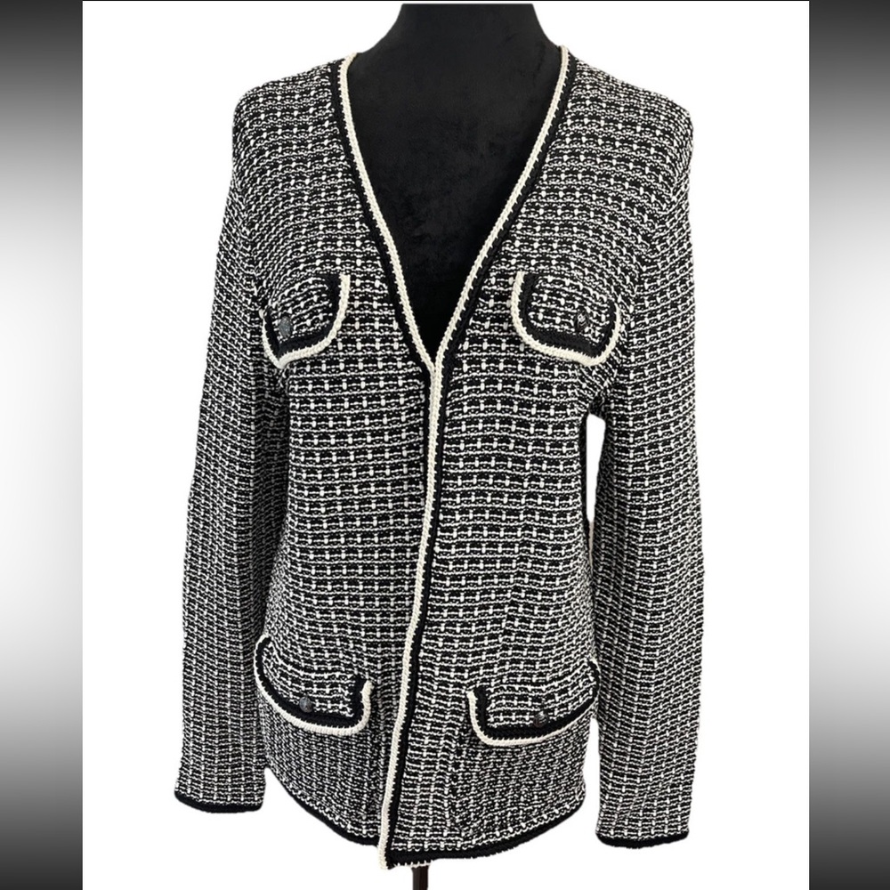 Talbots Black white Boucle double knit blazer sweater cotton blend size medium